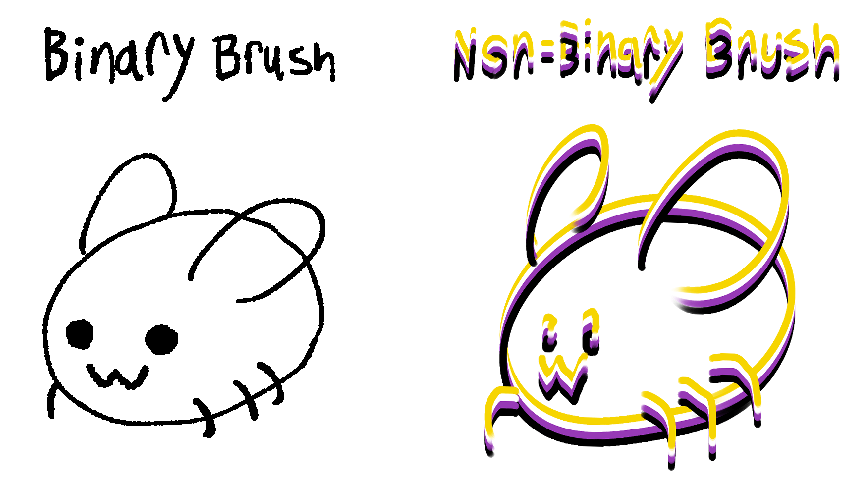 Doodle of eggbug drawn with a binary brush (a pixel brush with no anti aliasing) , next to a doodle of eggbug drawn with a ‘nonbinary brush’ (parallel lines with the colors of the nonbinary flag) 